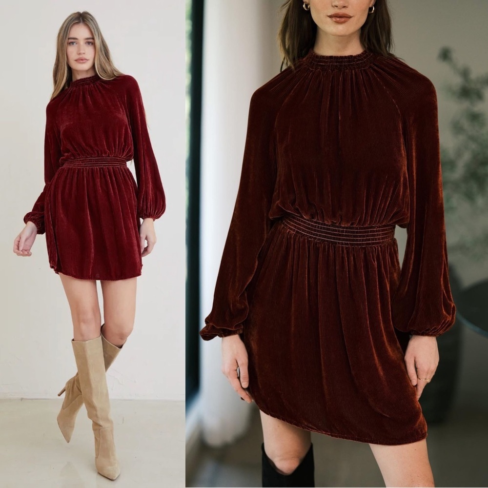 Bella Dahl Ribbed Silk Blend The Ruby Velvet Smocked Raglan Mini Dress Sz Small - Picture 5 of 11